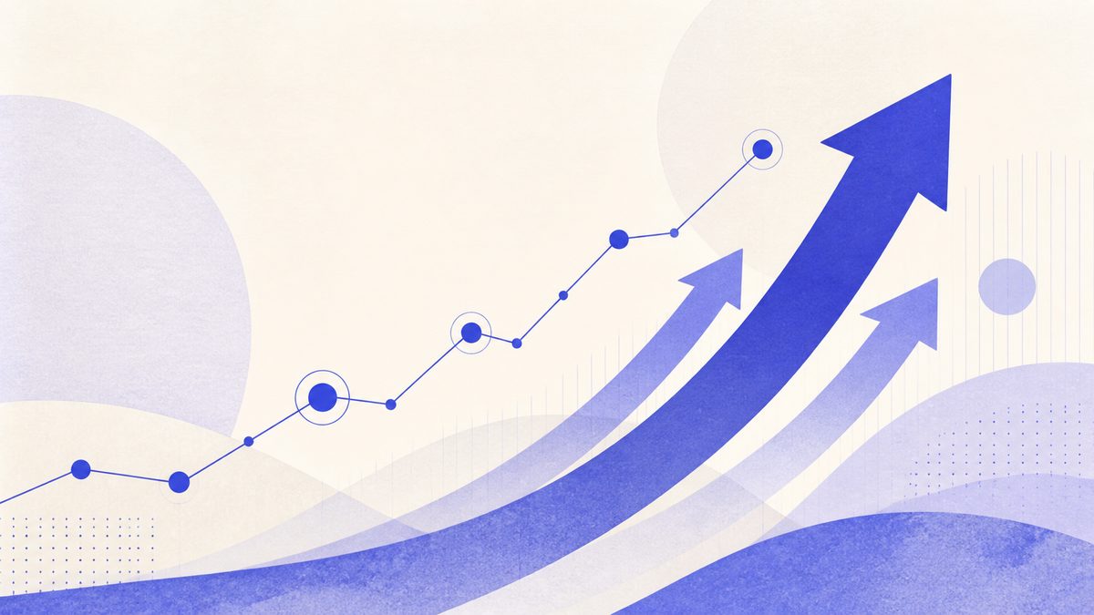 Illustrazione editoriale astratta su strategia di marketing aziendale: frecce in crescita, nodi connessi e grafico in ascesa