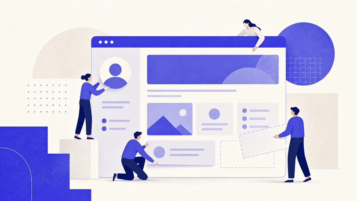Illustrazione: pagina Facebook aziendale con profilo, post e pulsanti di contatto