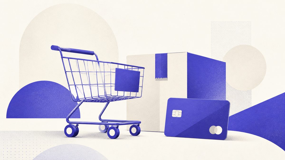 Illustrazione: catalogo prodotti, carrello, pagamento e spedizione di un e-commerce