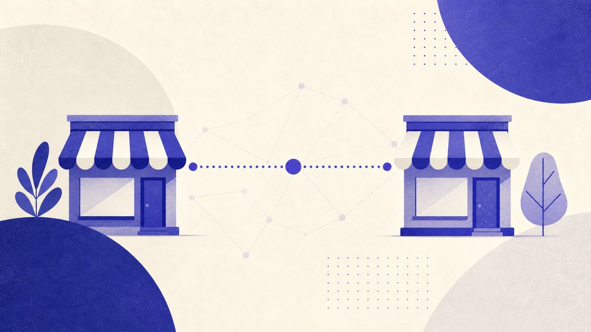 Illustrazione: due negozi collegati da una linea tratteggiata, simbolo di rete in franchising
