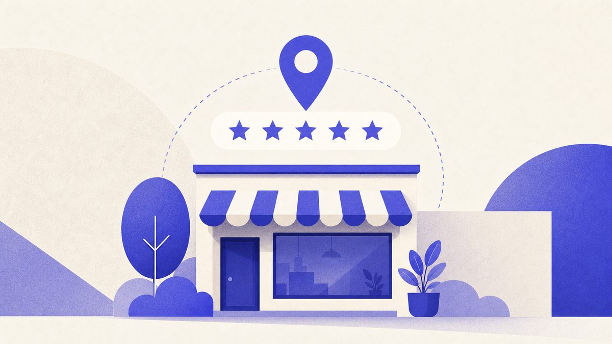Illustrazione: scheda Google Business Profile con recensioni e segnaposto mappa