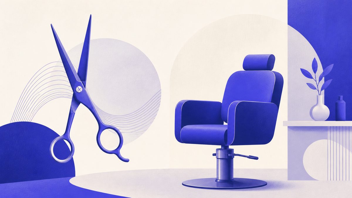 Illustrazione: ciocca di capelli stilizzata accanto a smartphone con segno di spunta, simbolo di prenotazione online