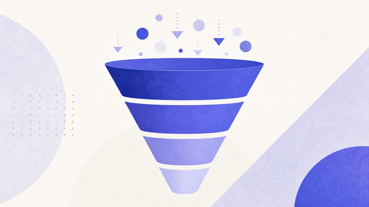 Illustrazione: imbuto AIDA con le quattro fasi Attenzione Interesse Desiderio Azione