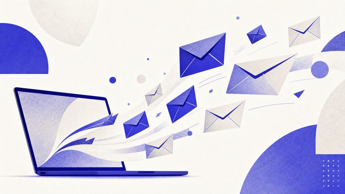 Illustrazione: busta email con segno di spunta e cursore, simbolo di invio automatizzato