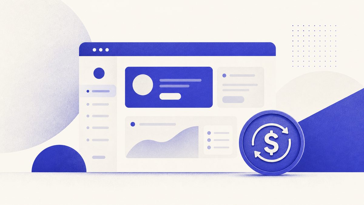 Illustrazione: costi di manutenzione di un sito web, laptop con ciclo di rinnovo, calendario e hosting cloud