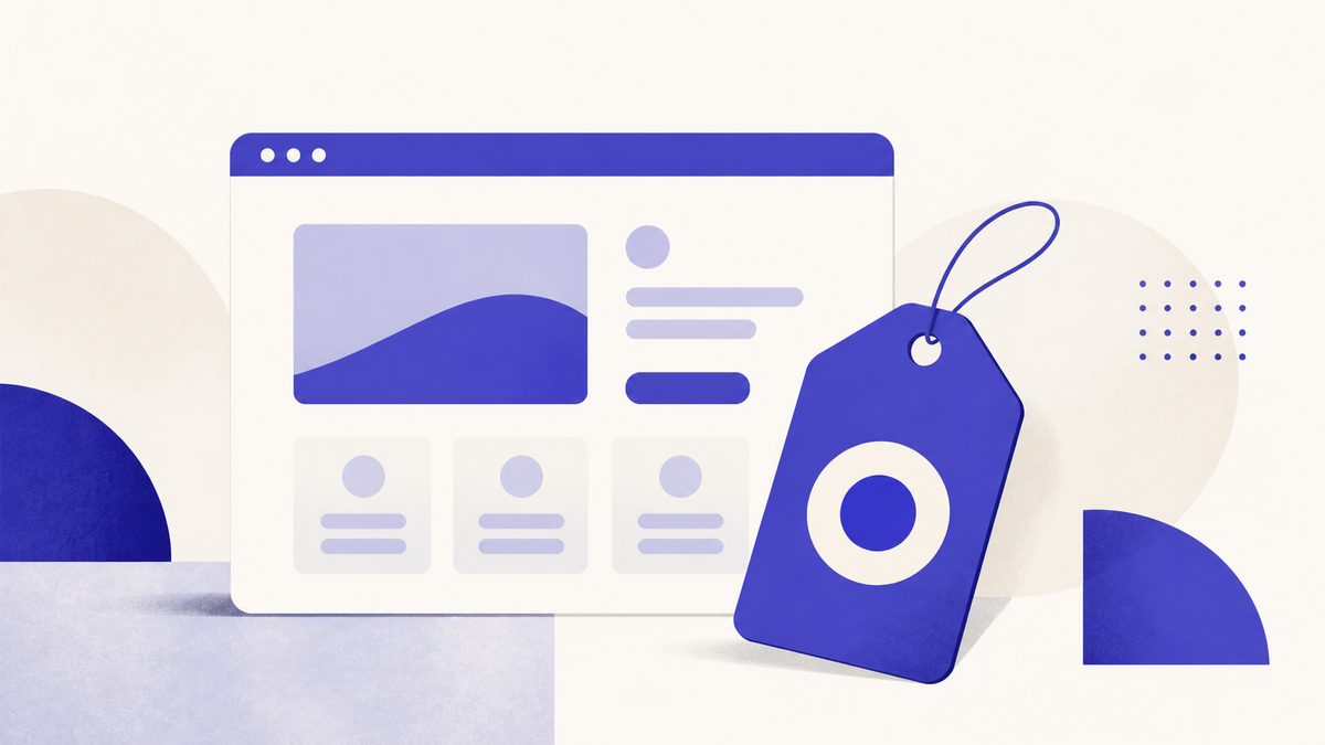 Illustrazione: fattori che determinano il prezzo di un sito web, mockup di pagina web con simboli di euro e cartellino prezzo