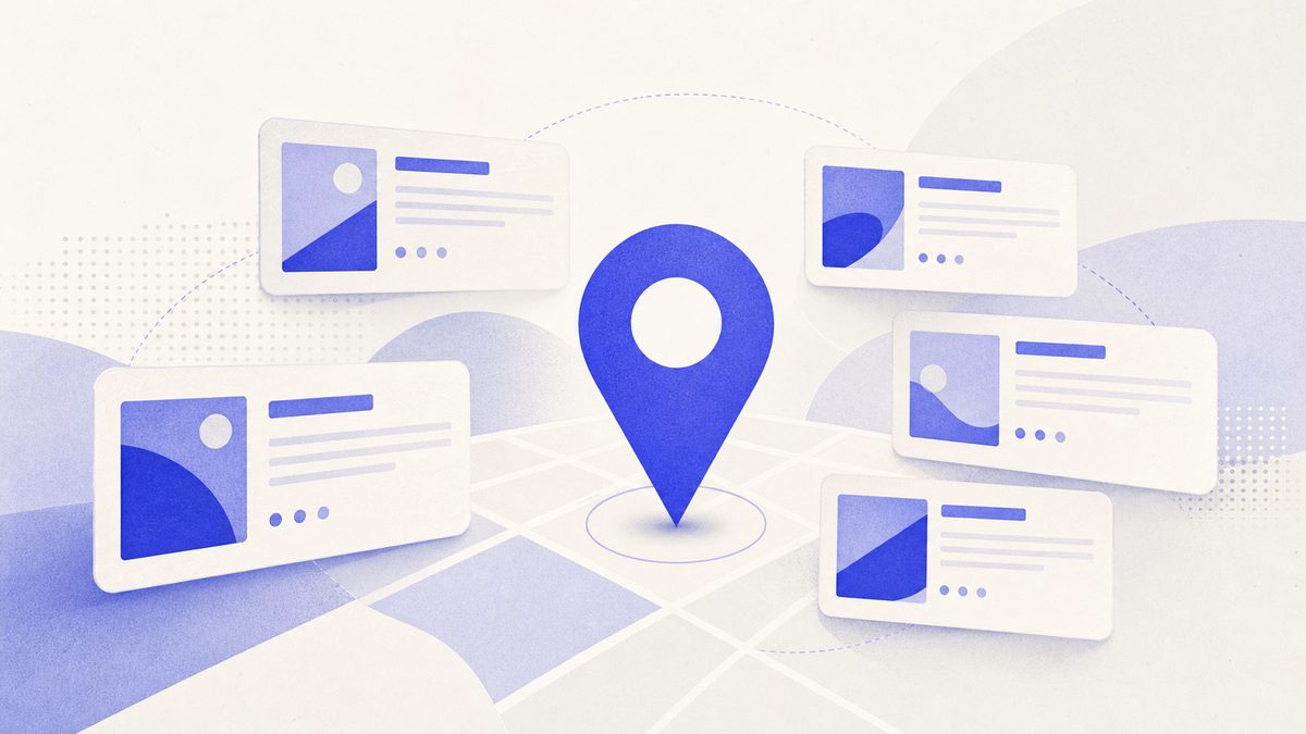 Illustrazione: come funziona la SEO locale, mappa con segnaposto e risultati di ricerca geolocalizzati