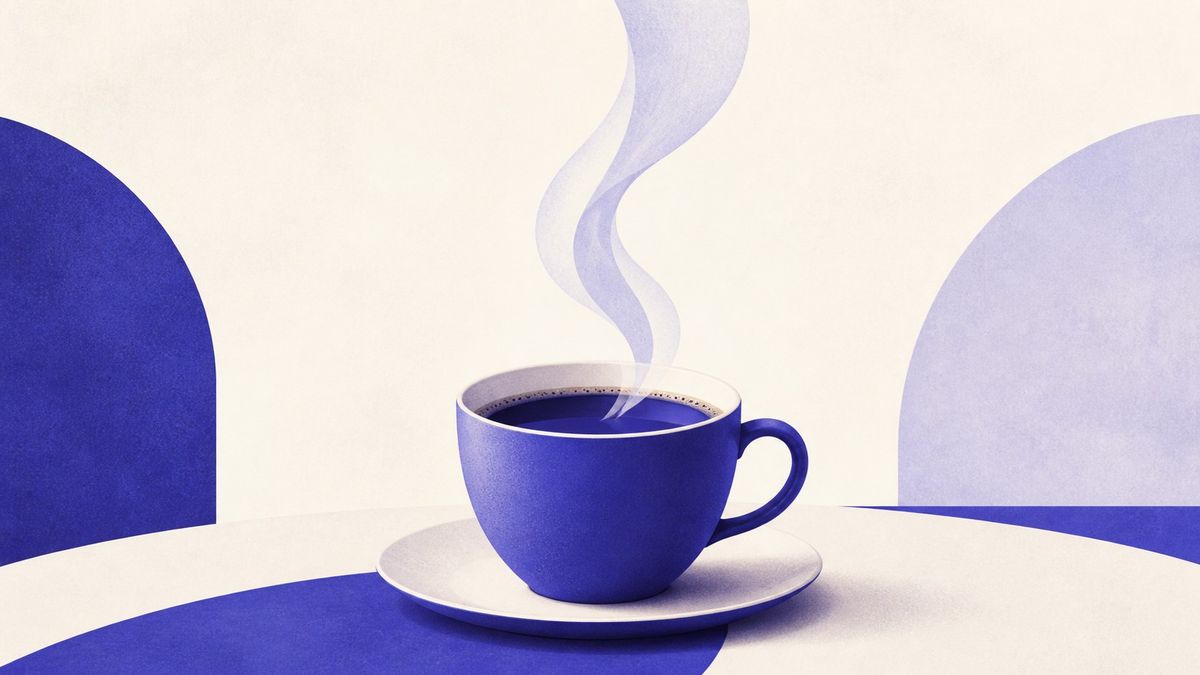 Illustrazione: tazzina di caffè con vapore che sale in una composizione minimalista
