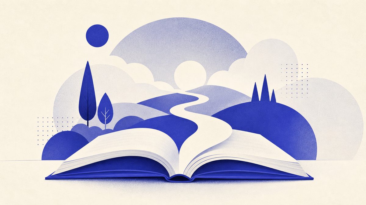 Illustrazione: libro aperto e percorso a tappe, simboli dello storytelling aziendale