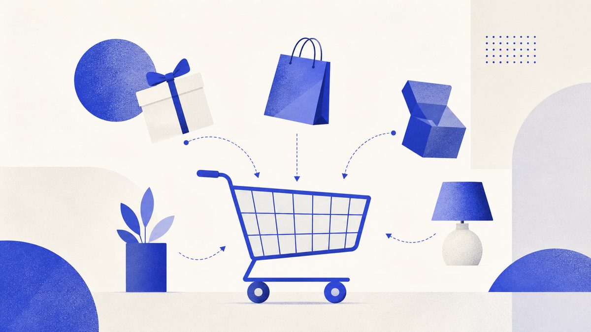 Illustrazione: carrello della spesa con prodotti che salgono di livello e icone di prodotti aggiuntivi