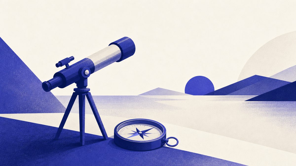 Illustrazione: cannocchiale verso una stella e bussola, simboli di vision e mission aziendale