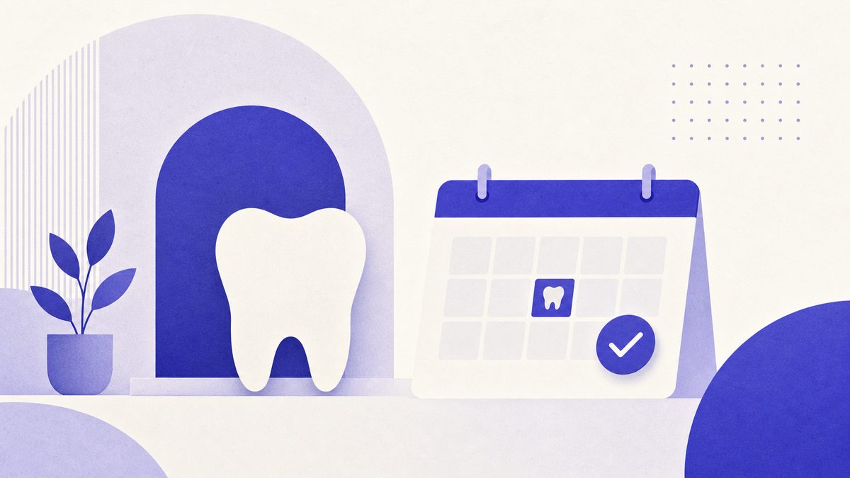Illustrazione: dente, recensioni Google a stelle e pulsante prenota visita