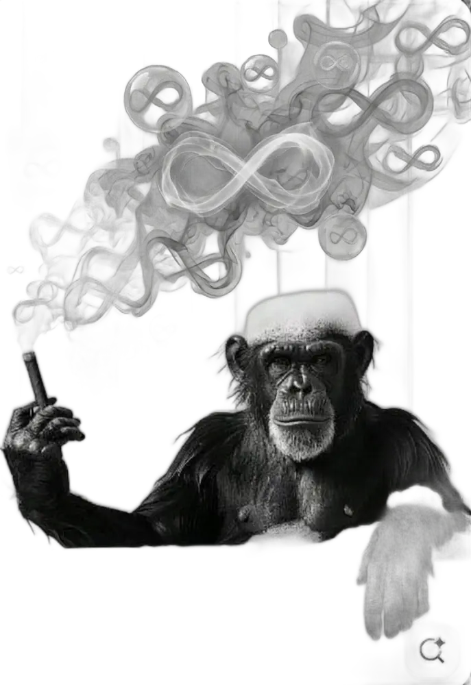 Scimpanzé rilassato con anelli di fumo a forma di infinito